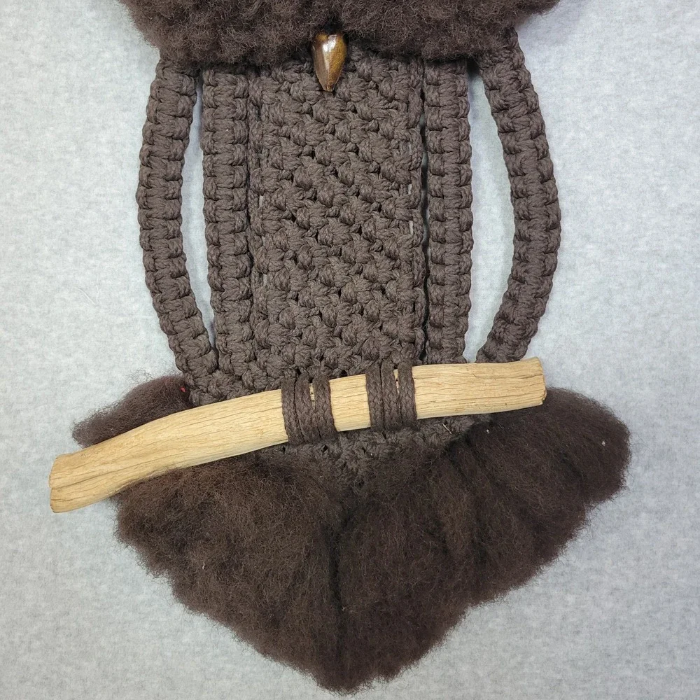 Vintage 70s Macrame Owl Wall Hanging Brown Fiber Art Wood Perch Boho Decor